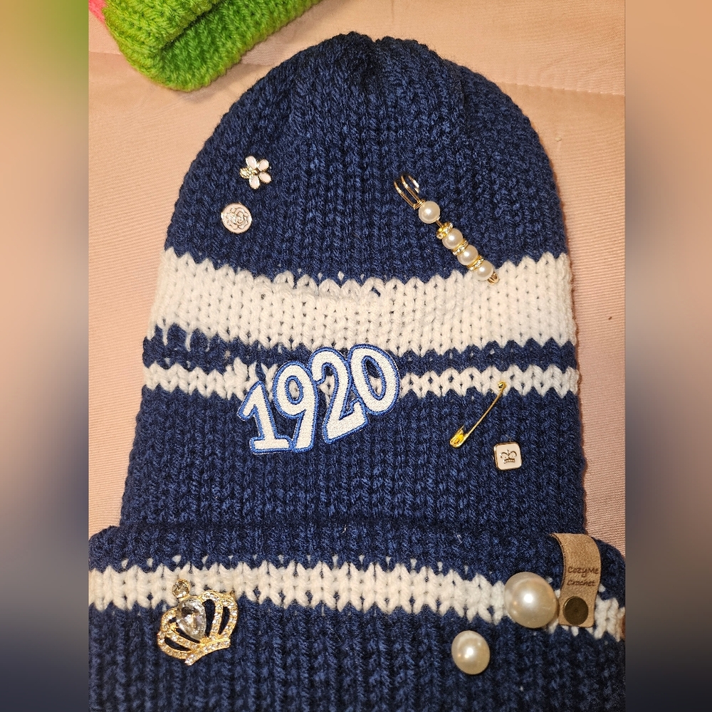 Blue and White Kids Beanie with Decorative Pins